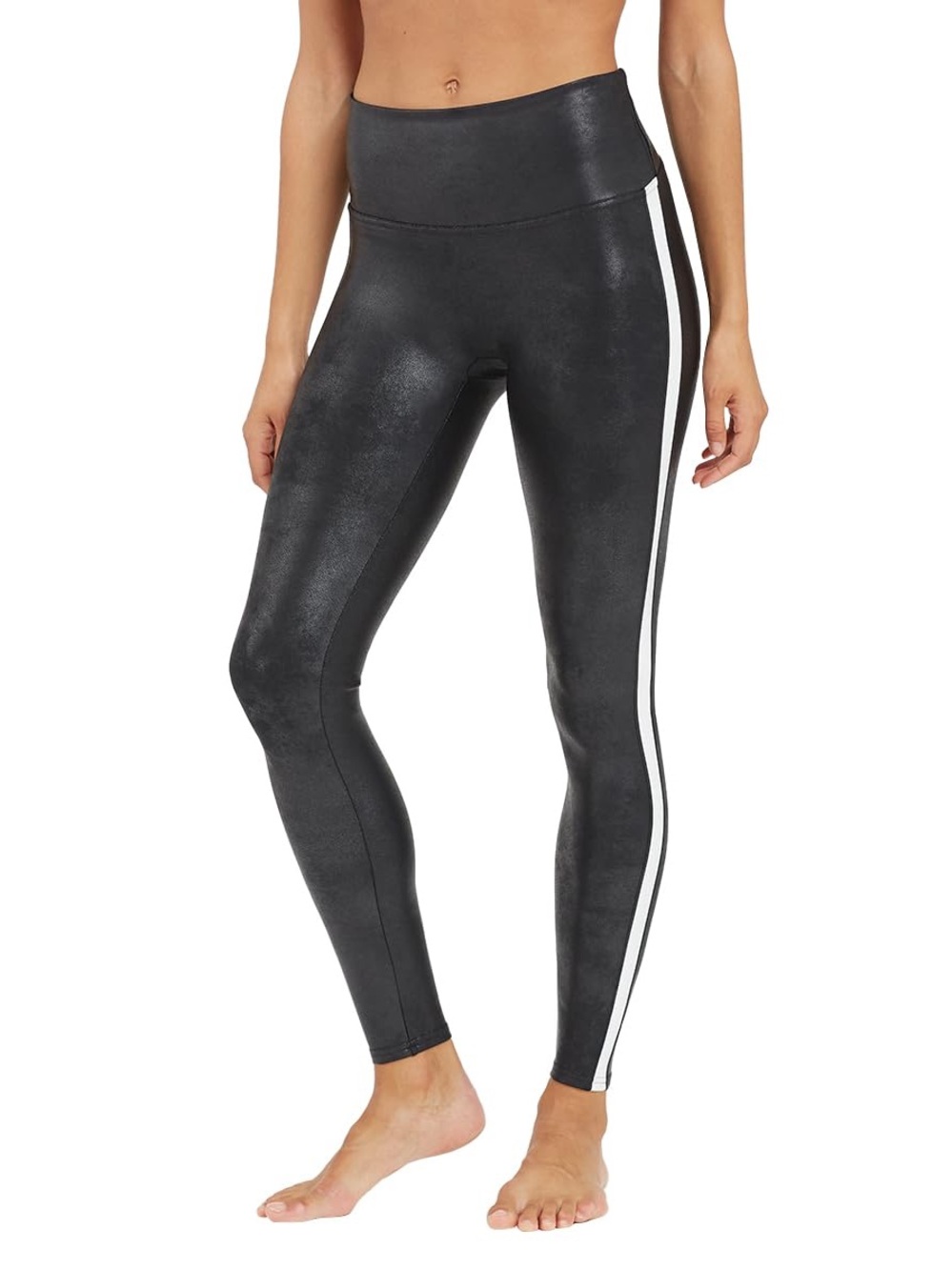SPANX Black Faux Leather Leggings with White Side Stripe